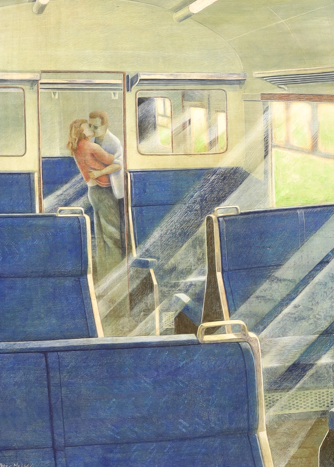 Peter Messer (b.1954-), egg tempera on board, 'Intercity Kiss', signed, 67 x 49cm